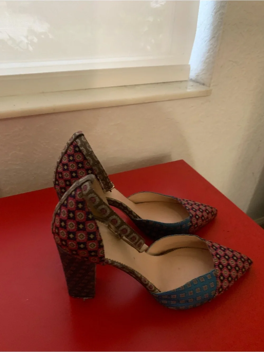 Two-Tone Patterned Ankle-Strap Espadrille Heels in Pink & Blue